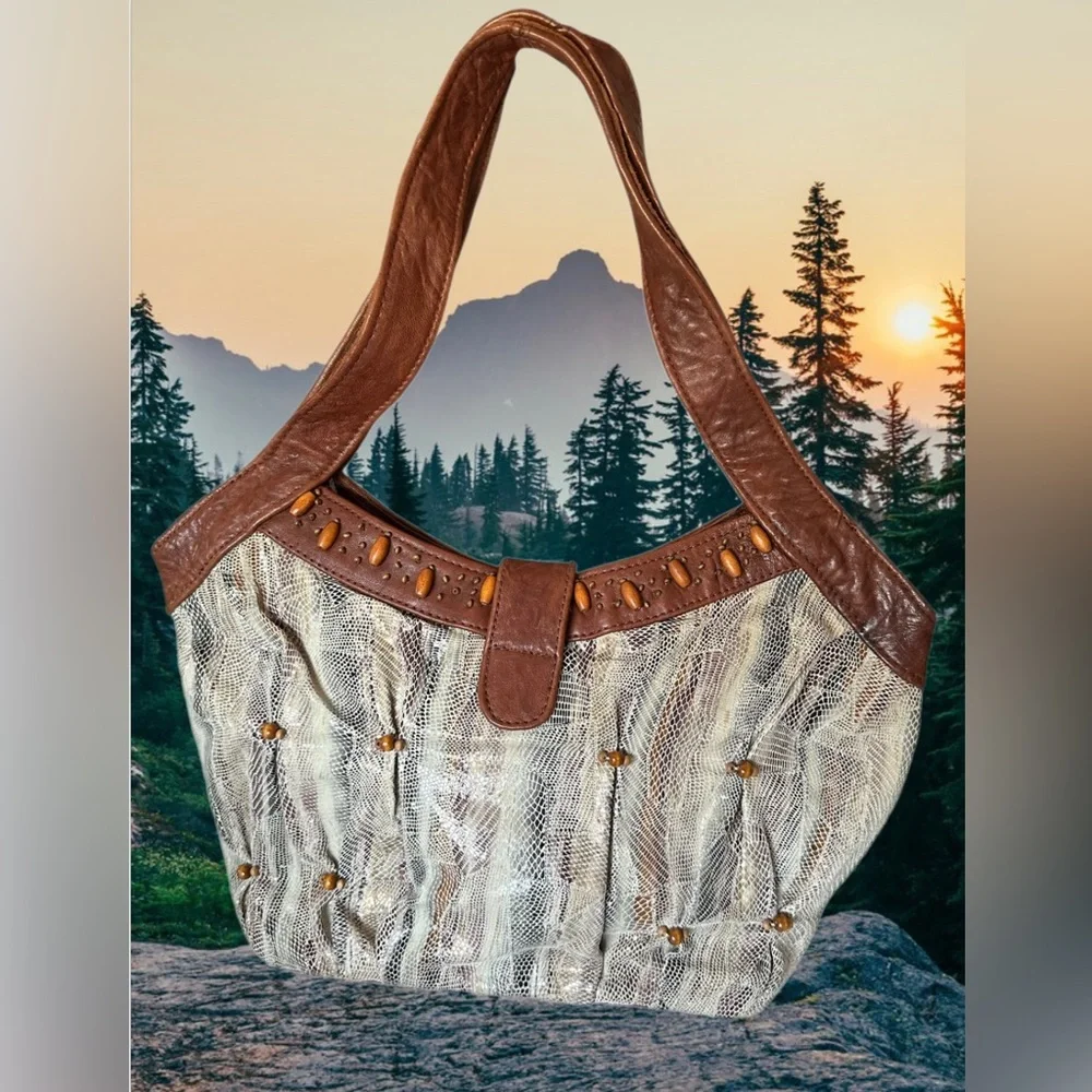 Mary Frances snakeskin print with brown trim & embellishments shoulder bag